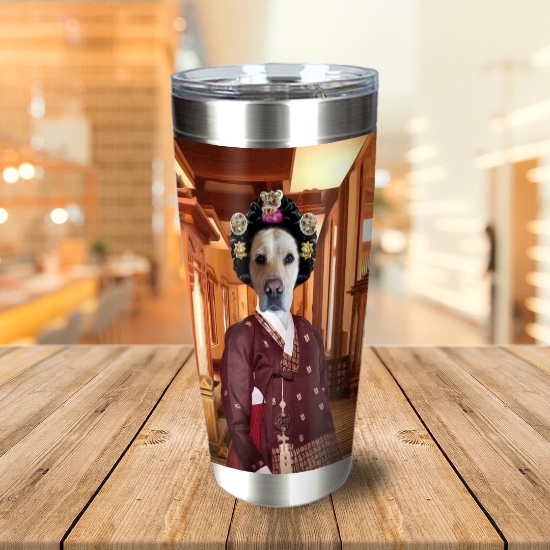 Personalized stainless steel tumbler with a custom portrait of a dog dressed as an Asian empress.