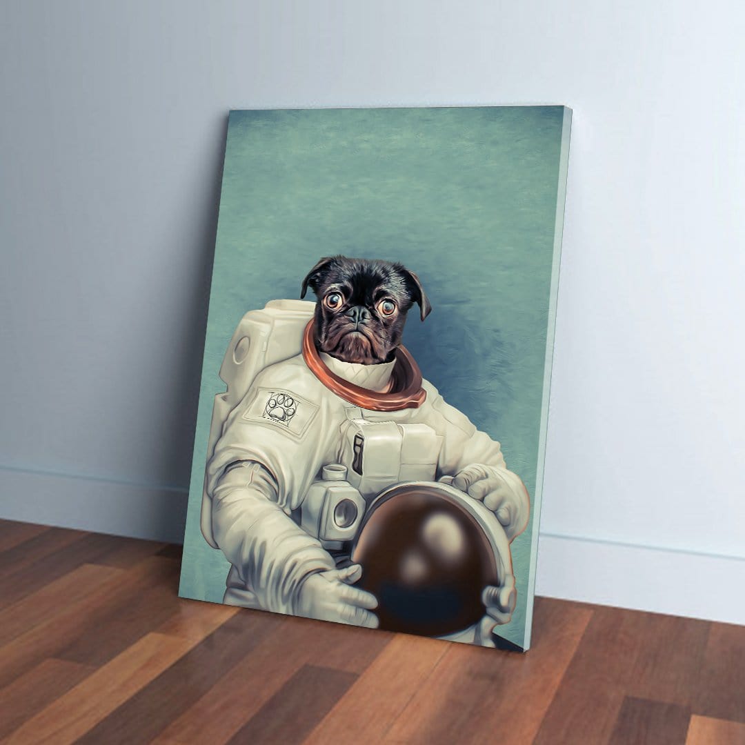 Personalized canvas print of a black pug dog in a white astronaut suit holding a helmet, against a blue background.