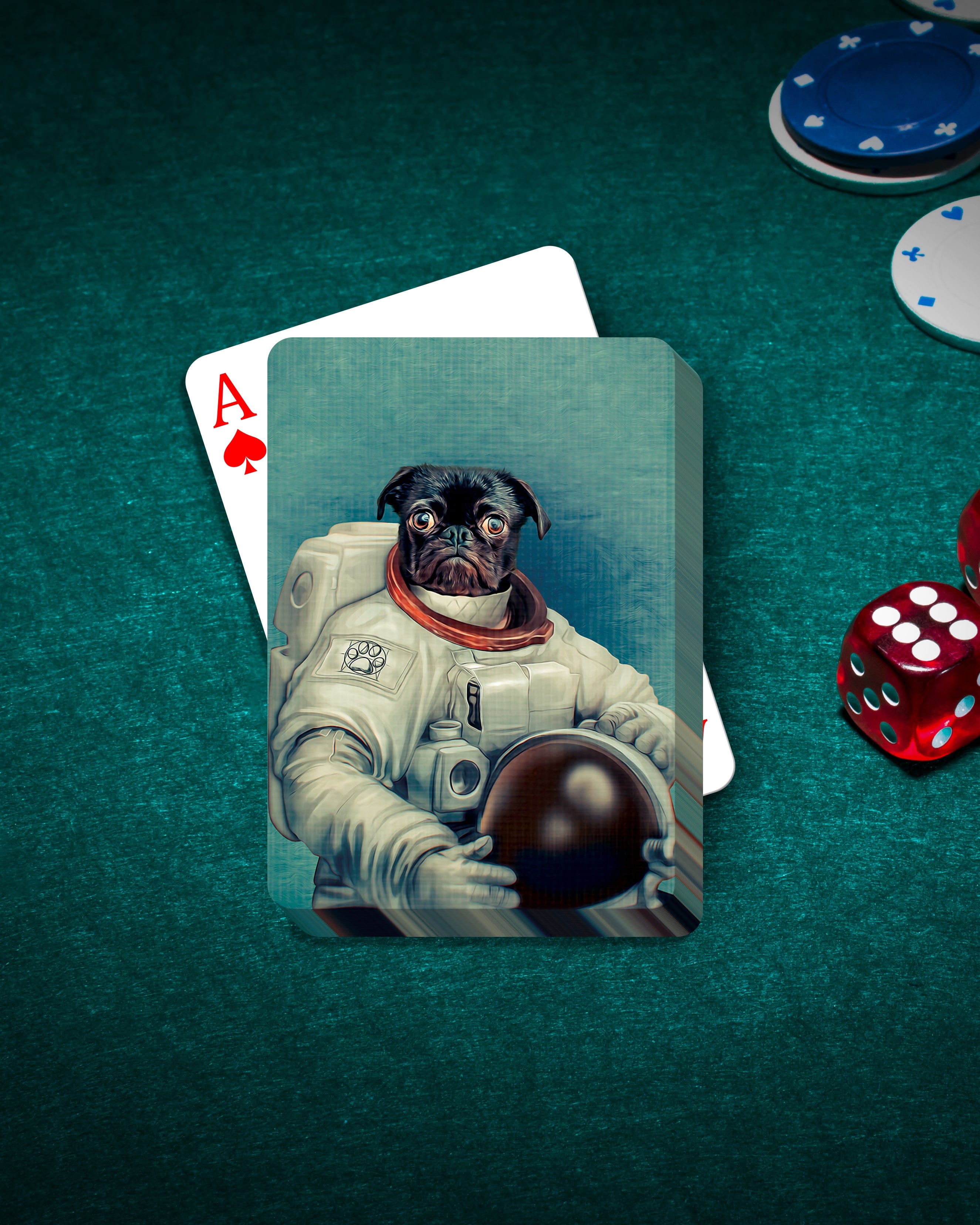 Personalized playing cards featuring a custom pet portrait of a pug in an astronaut suit.