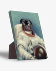 Personalized standing canvas featuring a black pug in a white astronaut suit with a paw print emblem.