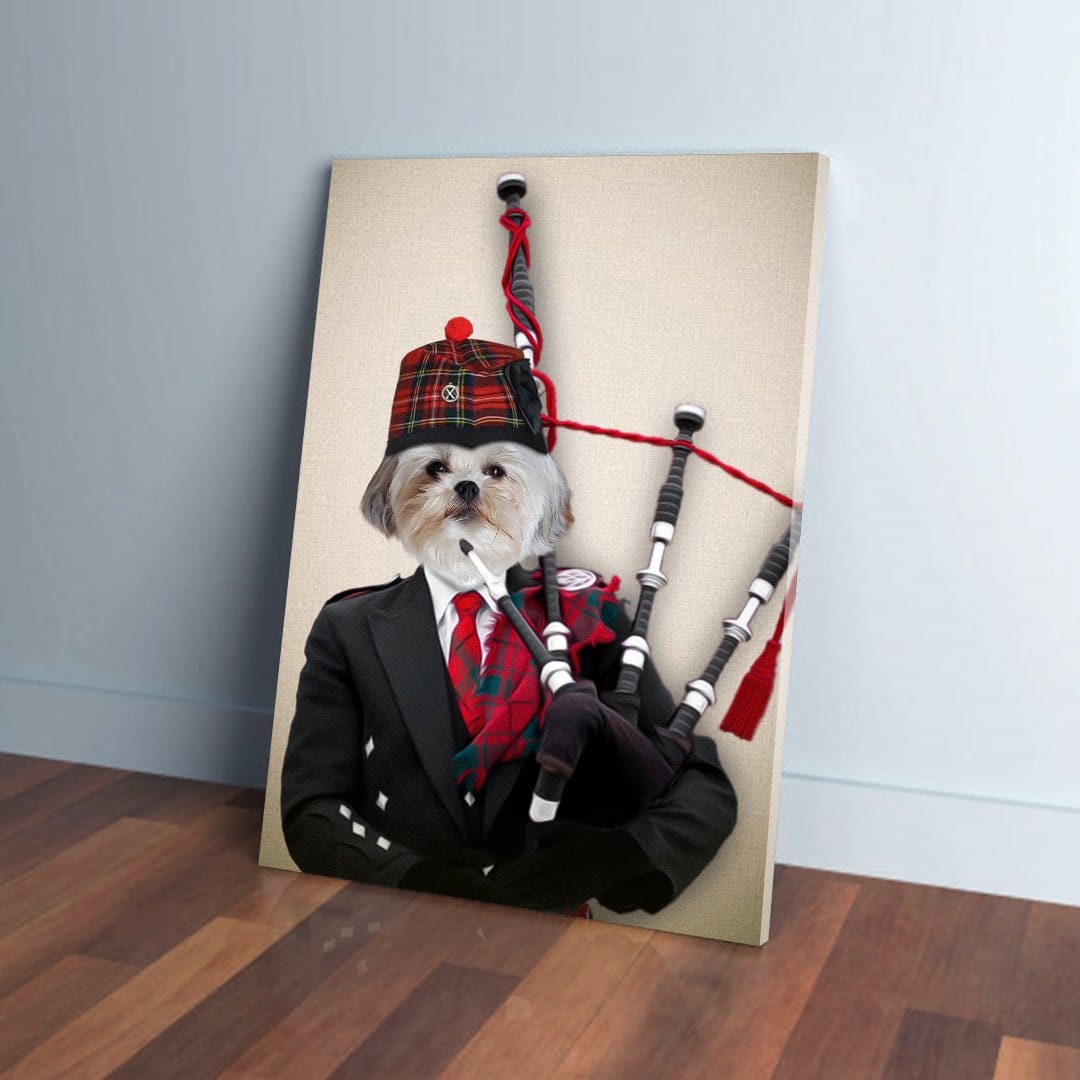 Personalized pet canvas featuring a Shih Tzu dog dressed as a bagpiper in a black suit and red tartan.