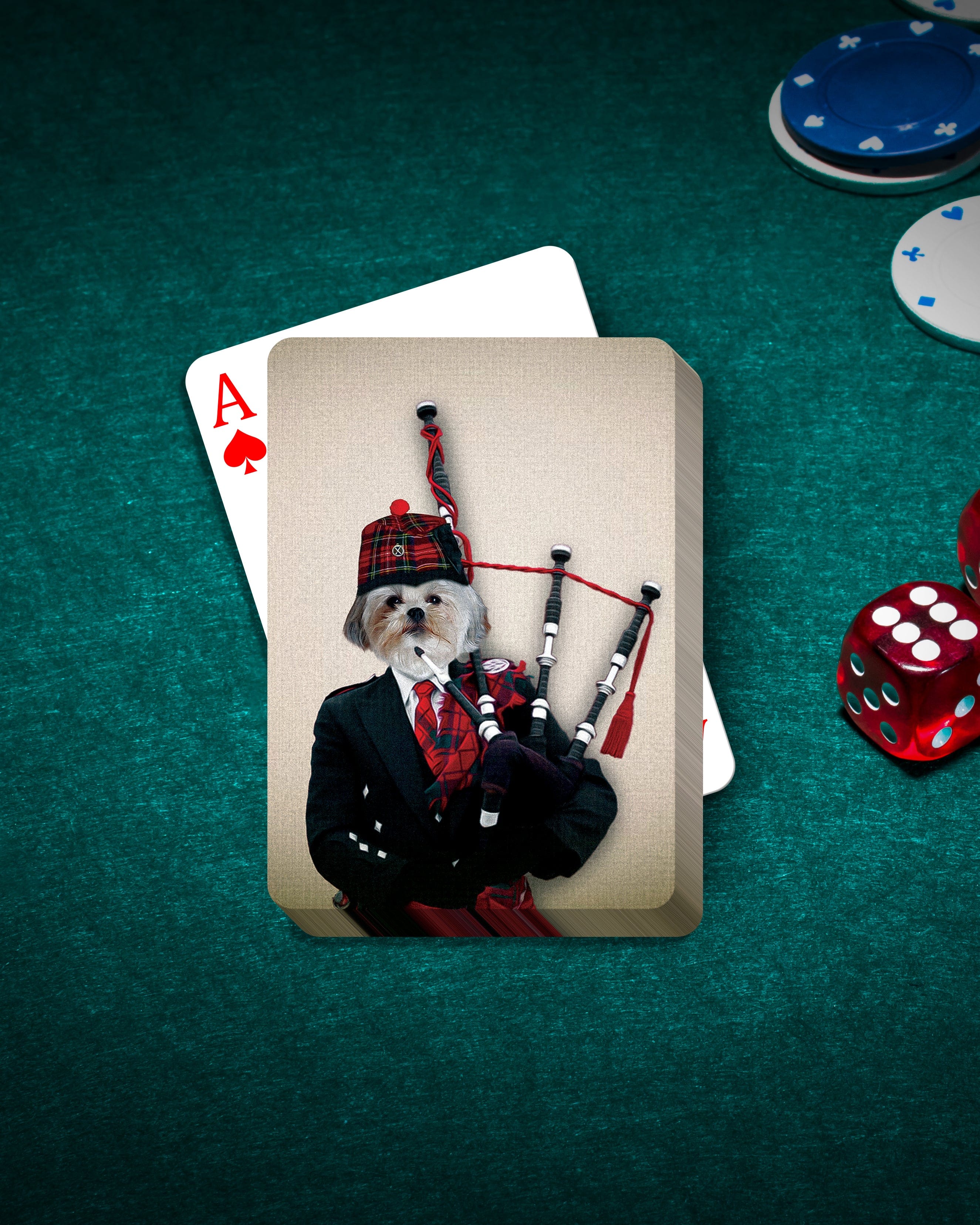 Custom personalized playing cards featuring a Shih Tzu dog portrait dressed as a Scottish bagpiper.