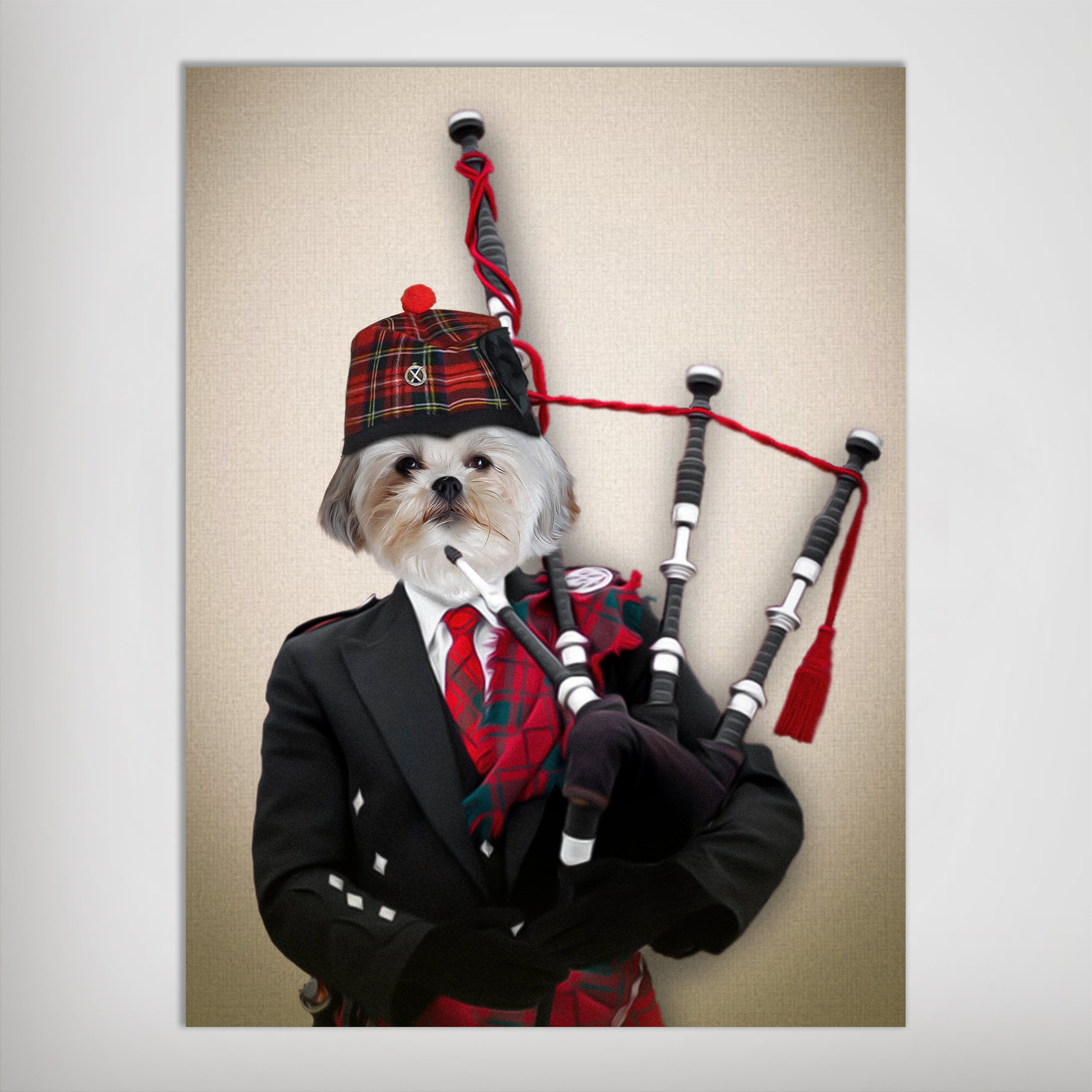 Personalized pet poster featuring a Shih Tzu in a black suit, tartan kilt, and bagpiper hat, playing bagpipes.