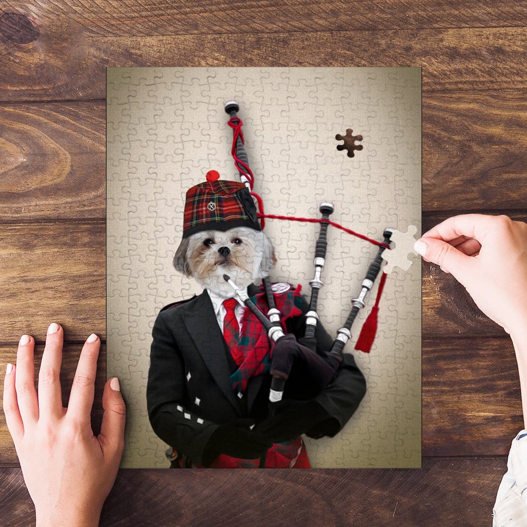 Personalized pet puzzle featuring a Shih Tzu dog dressed as a bagpiper in a plaid hat and kilt.