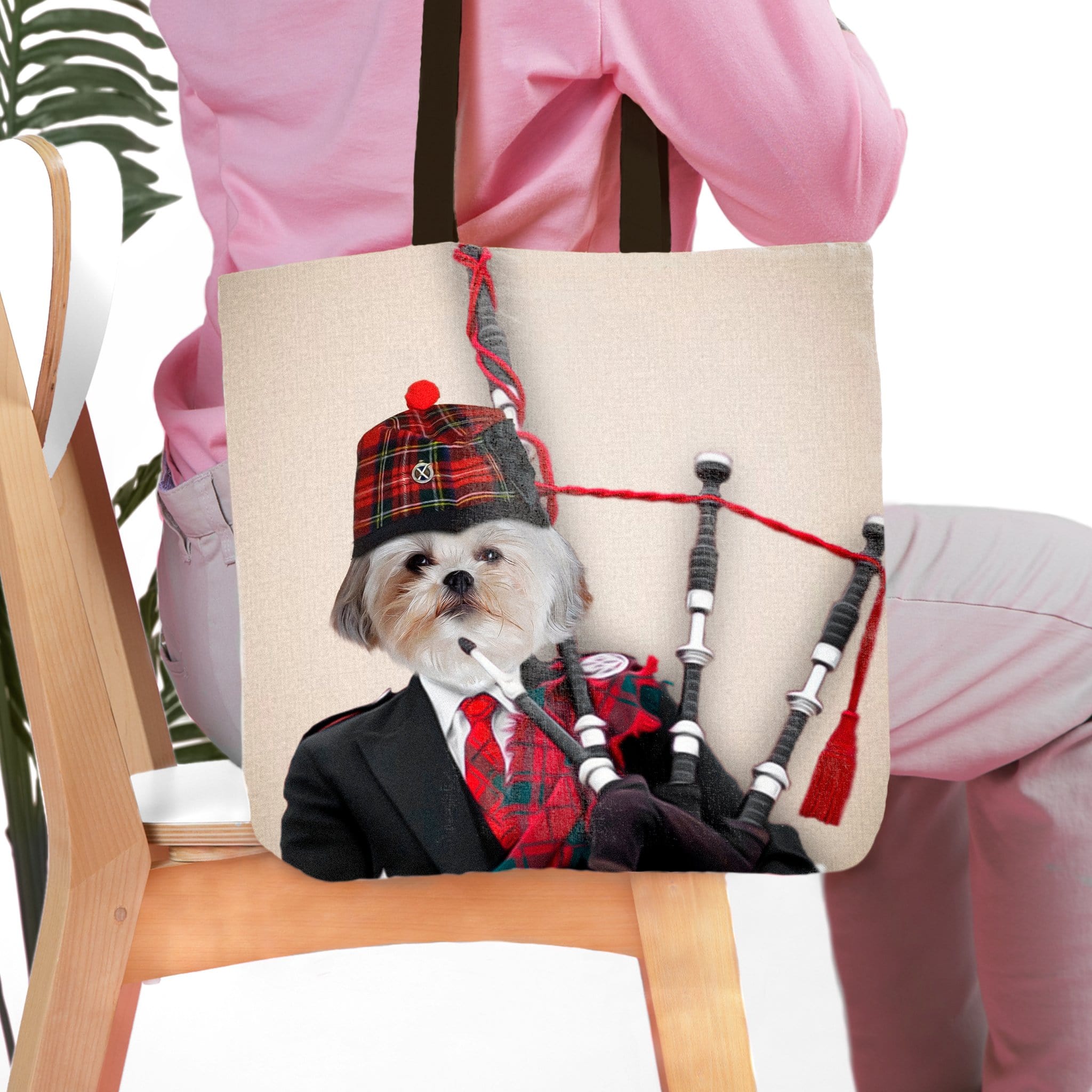 Personalized canvas tote bag with a custom pet portrait of a Shih Tzu dog dressed as a bagpiper.
