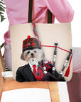 Personalized canvas tote bag with a custom pet portrait of a Shih Tzu dog dressed as a bagpiper.