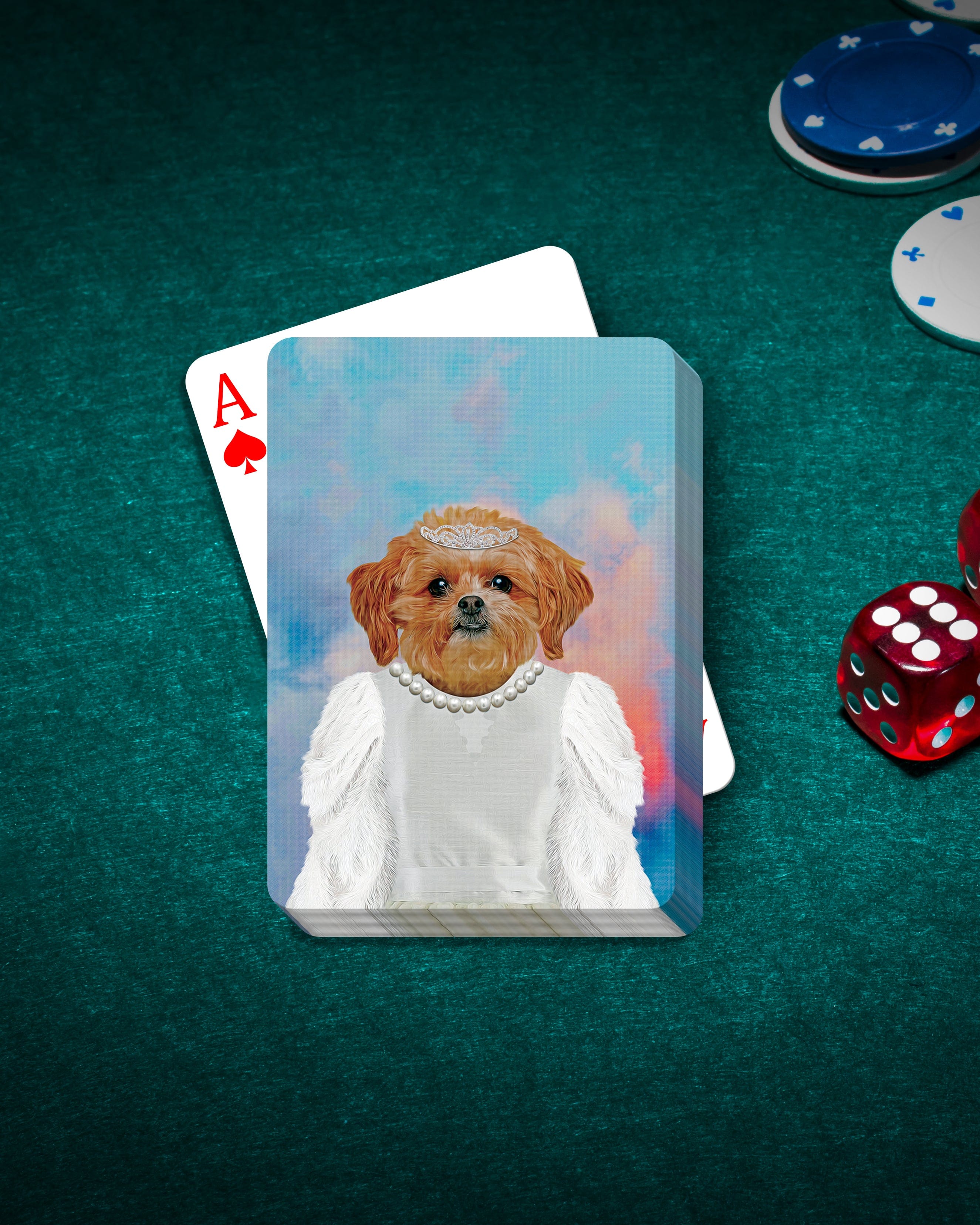 Personalized pet playing cards featuring a dog in a white 'Bailarina' dress and tiara on a green poker table.