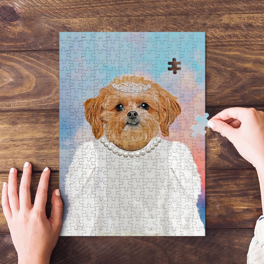Personalized pet puzzle featuring a dog in a white dress and tiara, with hands assembling pieces.
