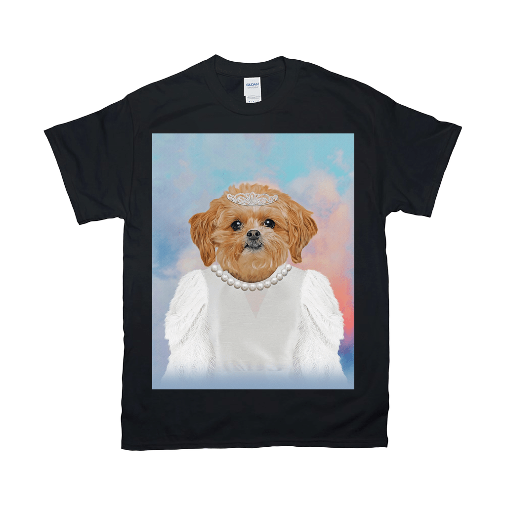 Black Gildan t-shirt featuring a personalized pet portrait of a dog wearing a tiara and pearls.