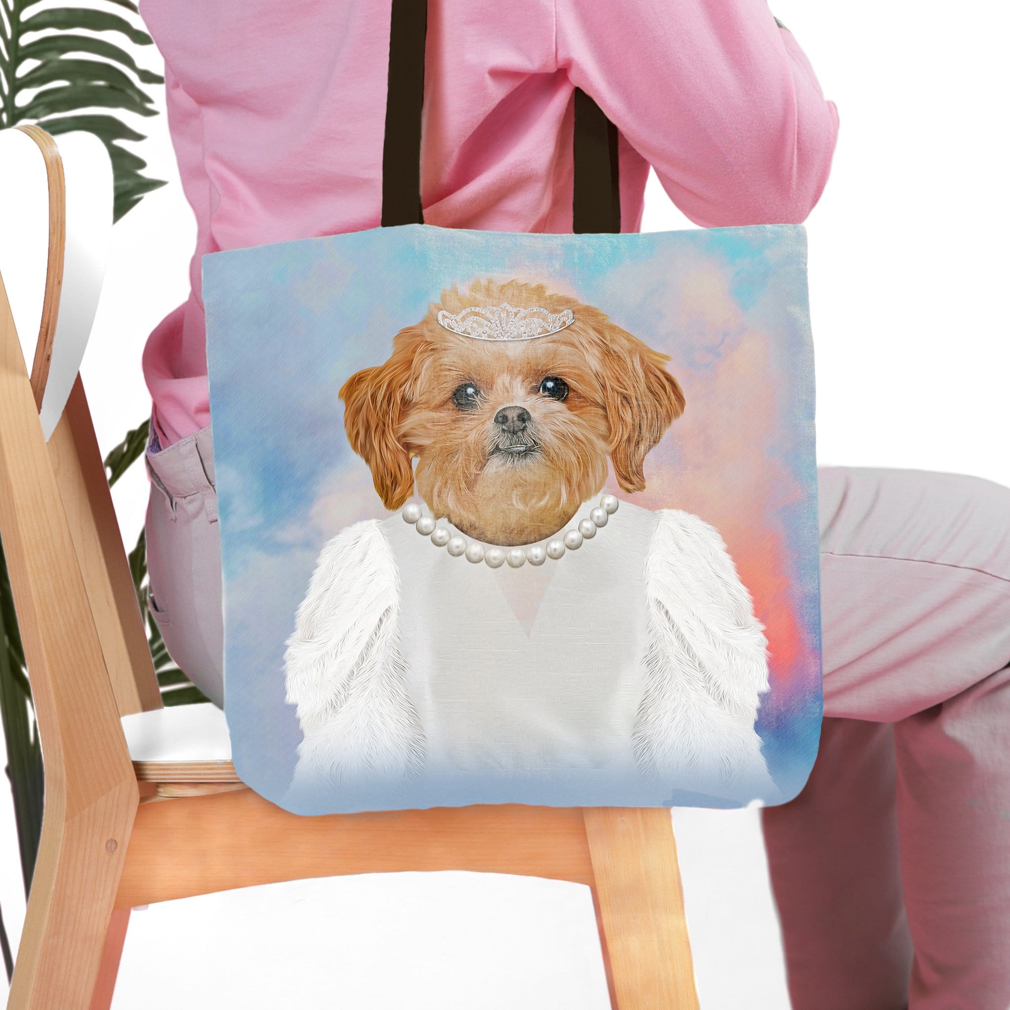 Personalized "Bailarina" tote bag with a custom pet portrait of a dog in a white dress and pearl necklace.