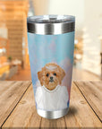 Personalized stainless steel tumbler with a custom pet portrait of a dog in a white dress and tiara.