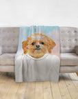 Personalized pet blanket with a Shih Tzu dog in a white dress, pearl necklace, and tiara.