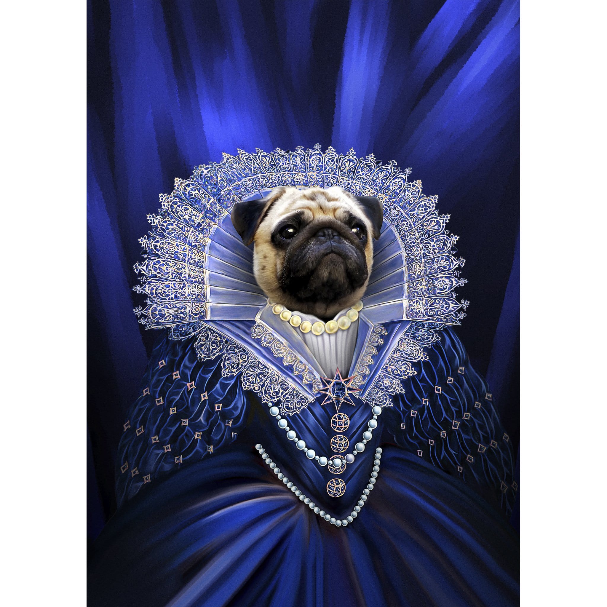 Custom digital portrait of a pug dressed in a blue renaissance royal gown with lace and pearls.