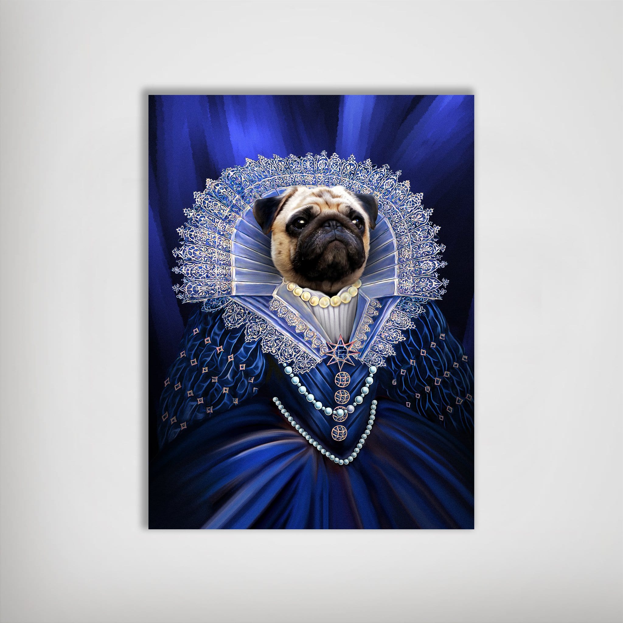 Personalized 'The Baroness' dog poster featuring a pug in a blue regal gown and lace collar.