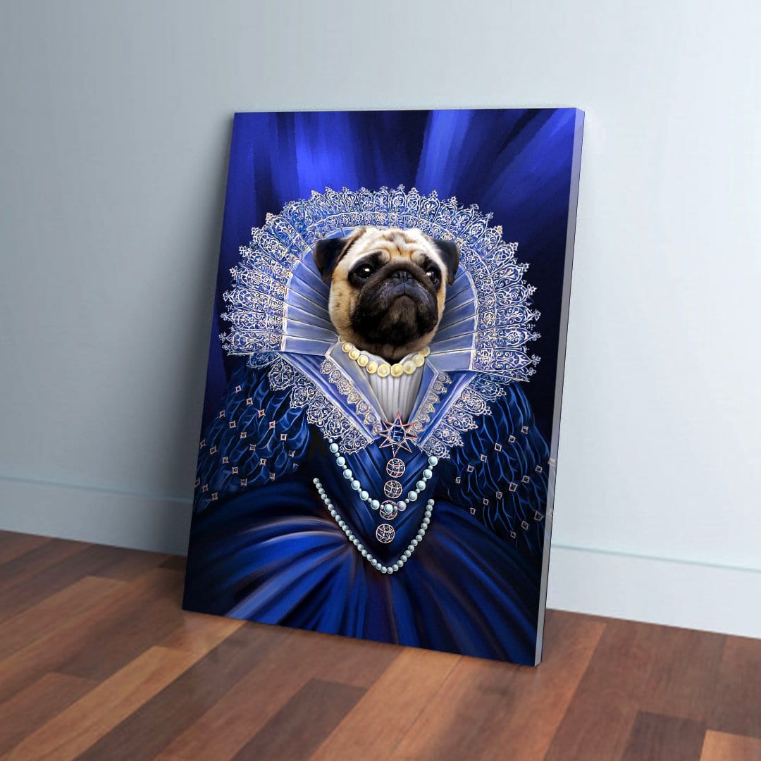Personalized pug portrait canvas, 'The Baroness', in a blue regal gown with lace collar and pearls.