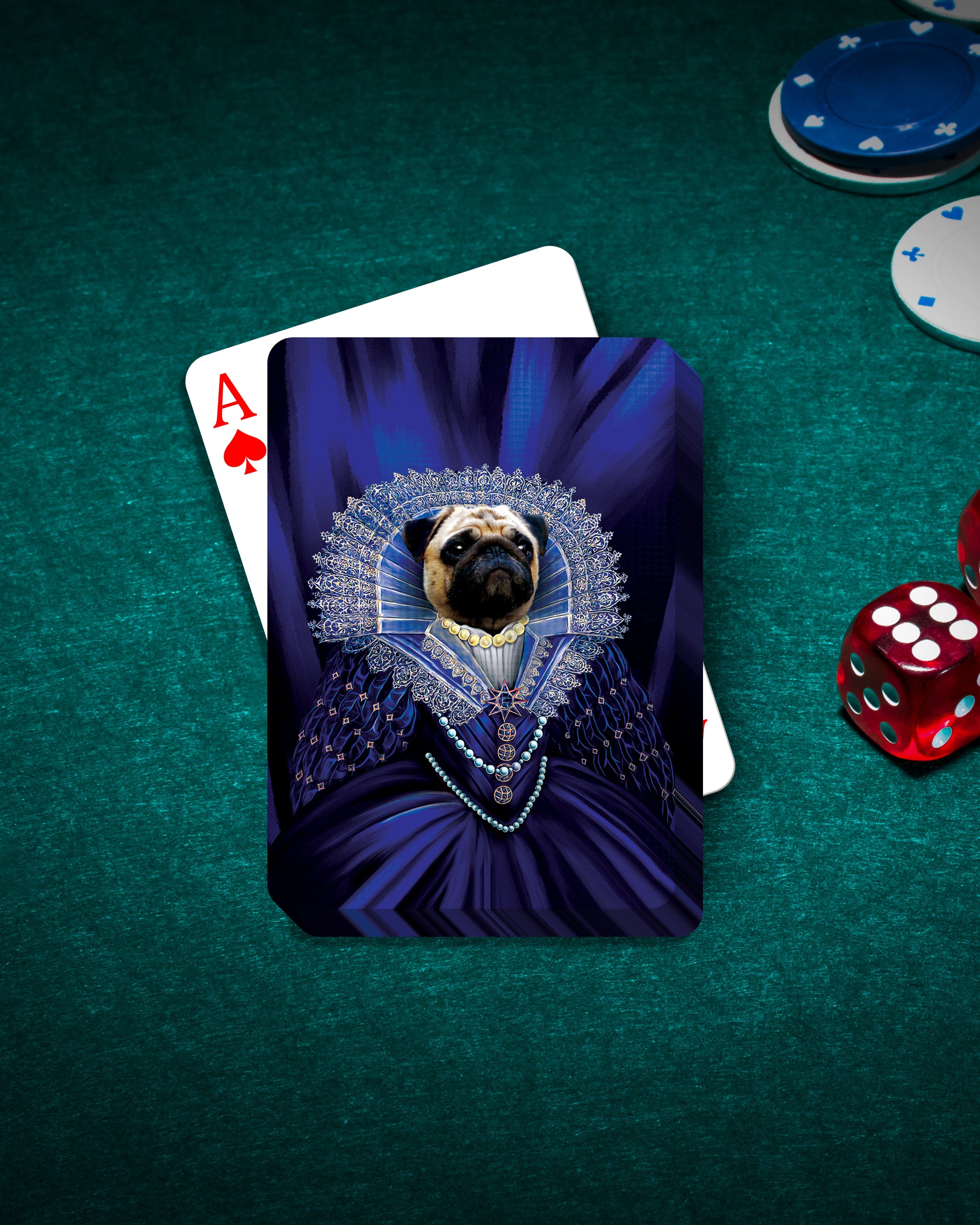 Personalized playing cards featuring a pug in a royal 'Baroness' renaissance portrait on a green felt table.