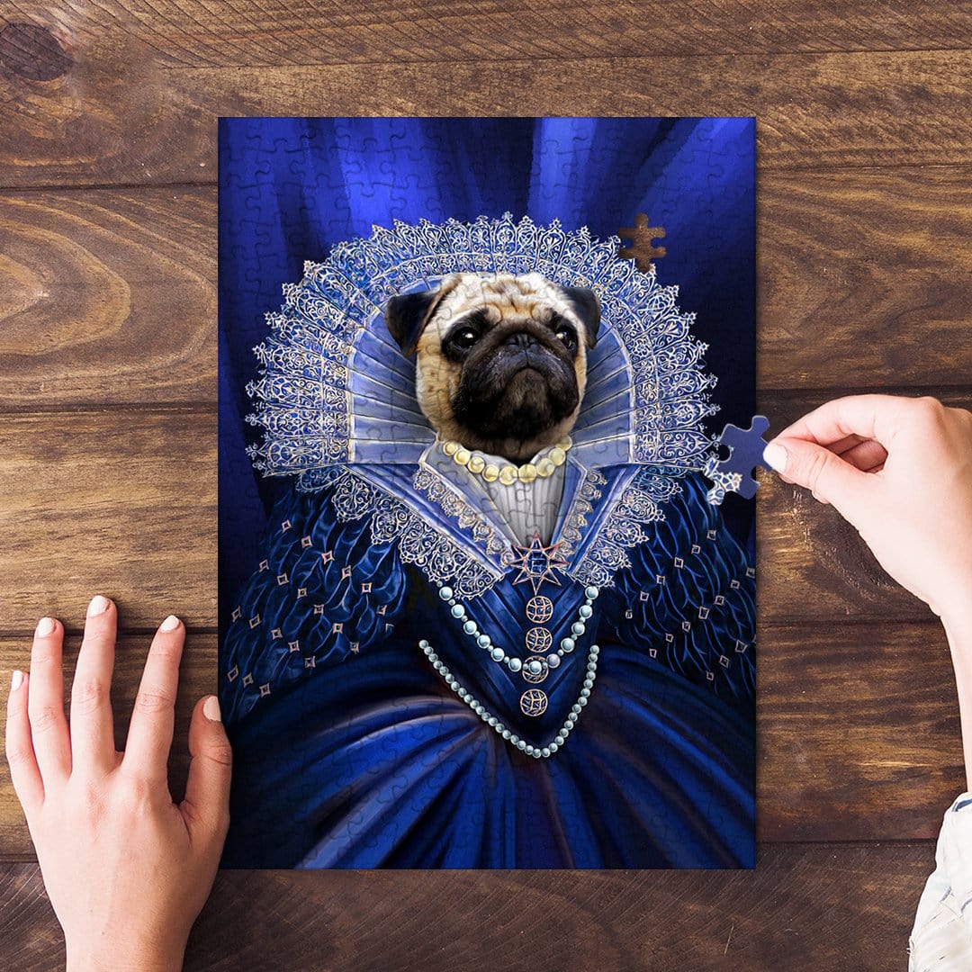 Personalized 'Baroness' pet puzzle featuring a pug in a royal blue renaissance portrait.
