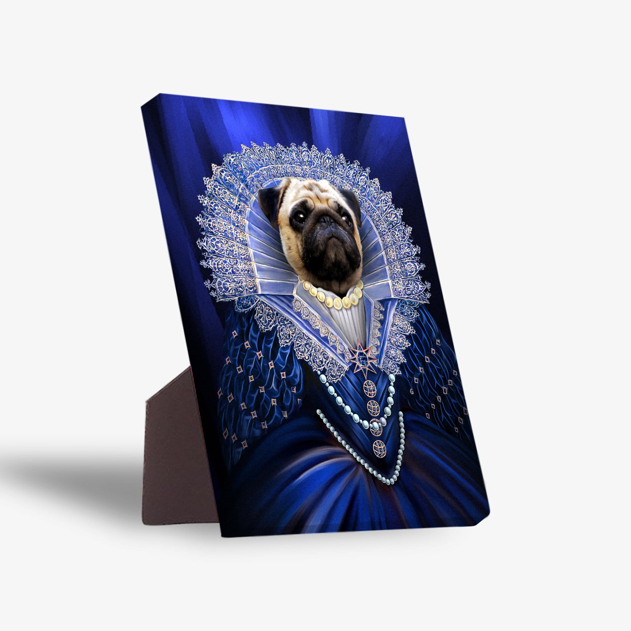 Personalized pet standing canvas featuring a pug in a blue Baroness portrait with a white lace ruff.