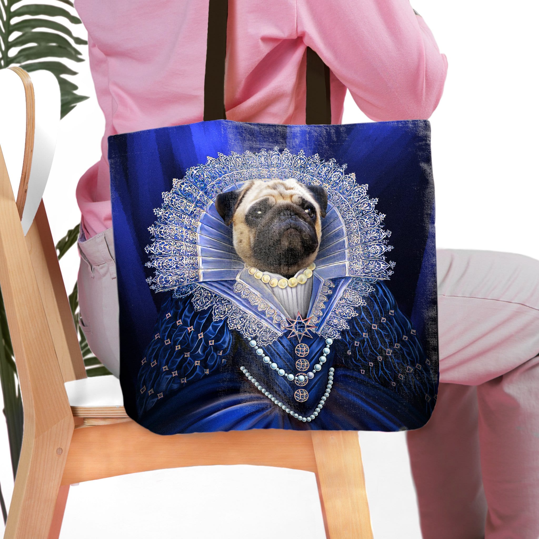 Personalized Baroness pet portrait tote bag featuring a pug in a royal blue renaissance gown.
