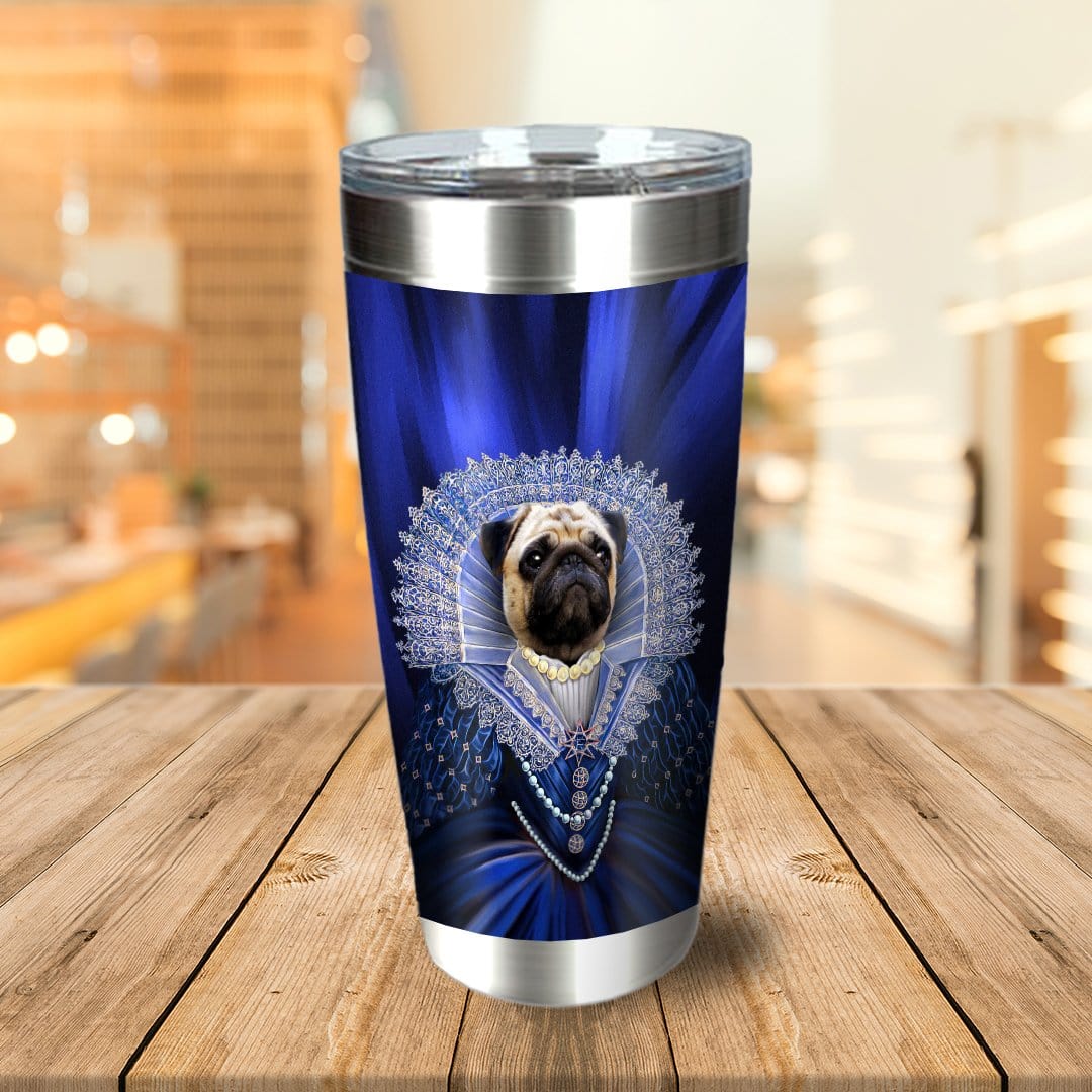 Personalized stainless steel tumbler with a royal renaissance portrait of a pug in a blue gown.