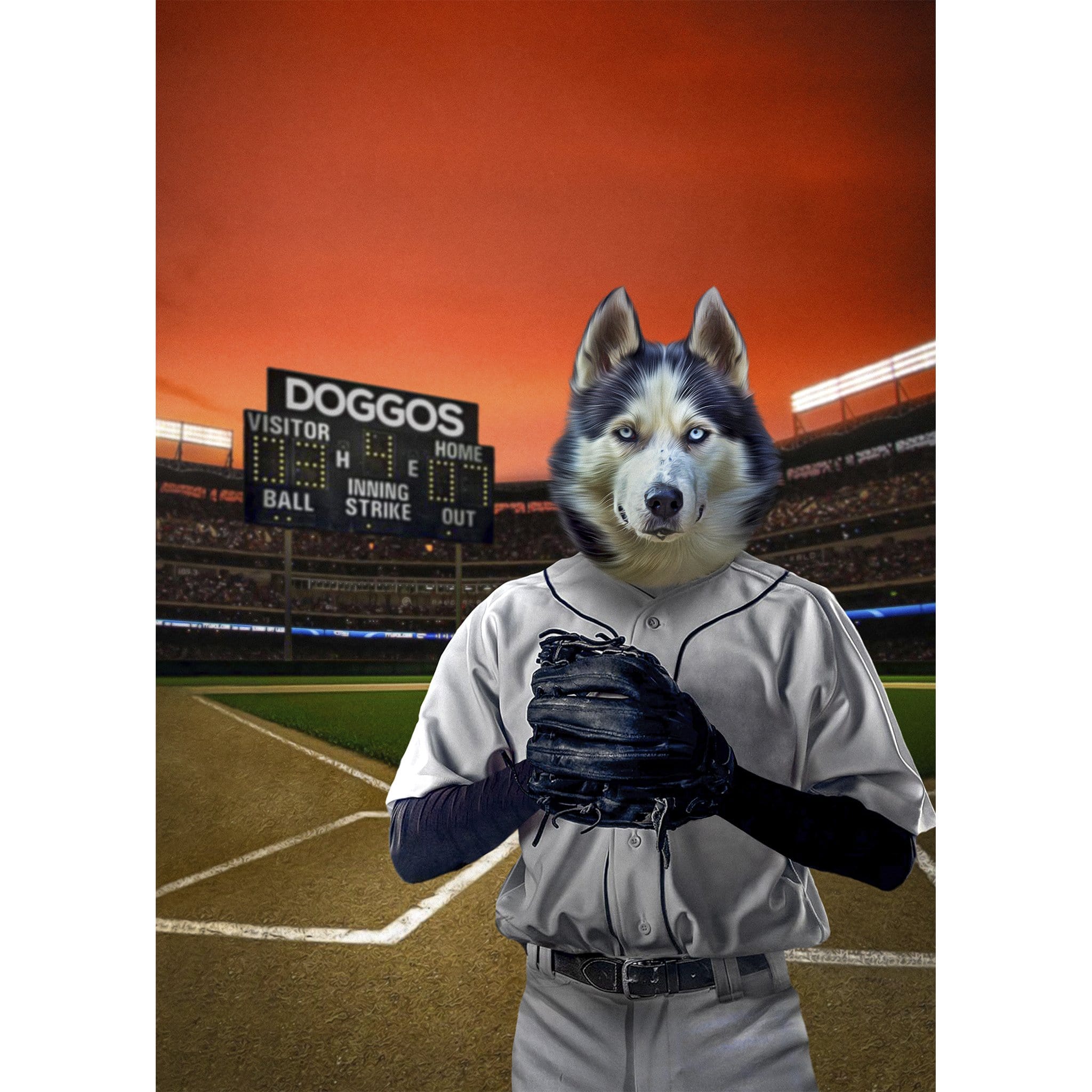 Custom digital portrait of a husky dog as a baseball player in a stadium.