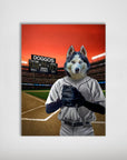 Personalized husky dog in a baseball uniform with a mitt, standing on a field under a scoreboard.