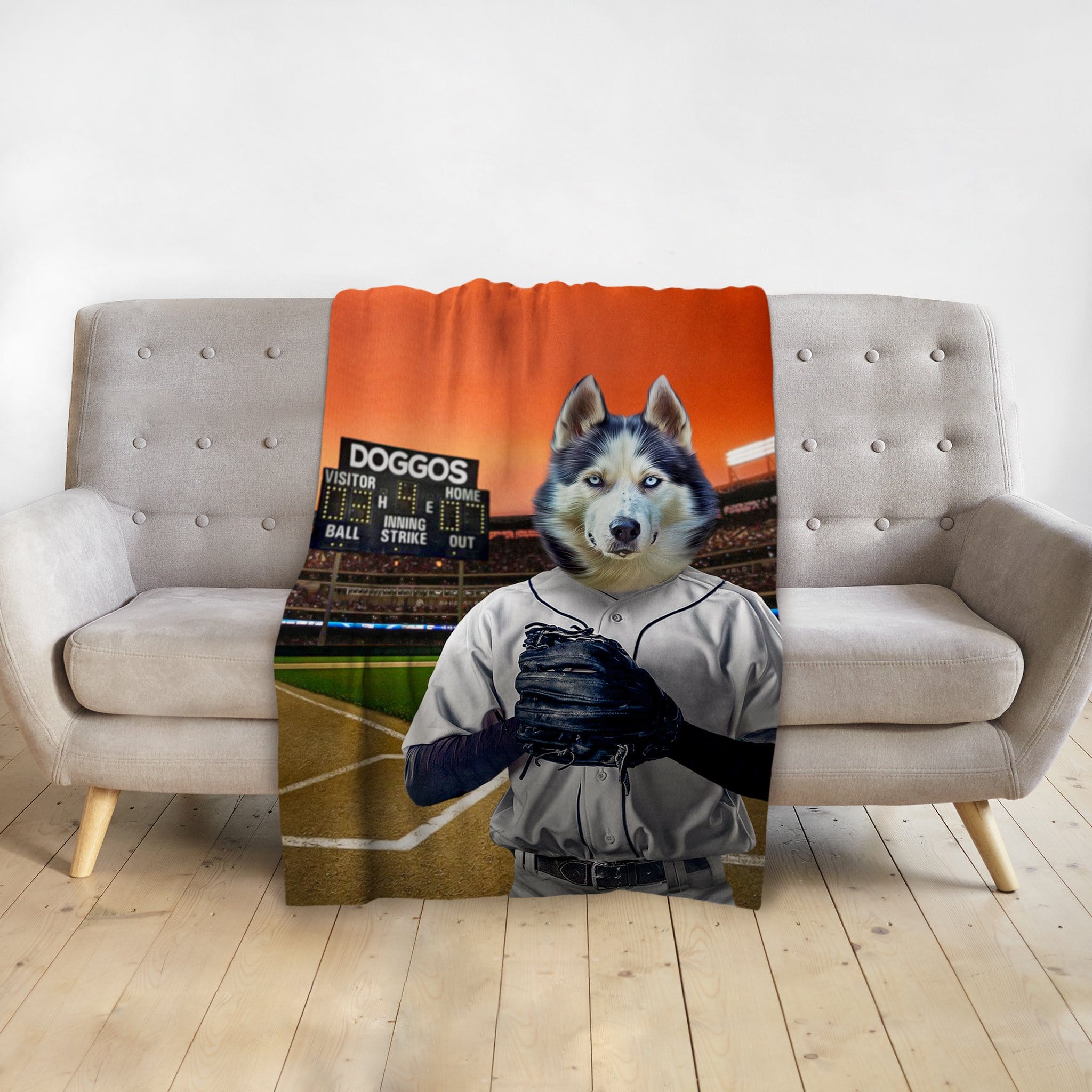 Personalized pet blanket with a husky in a baseball uniform on a field.