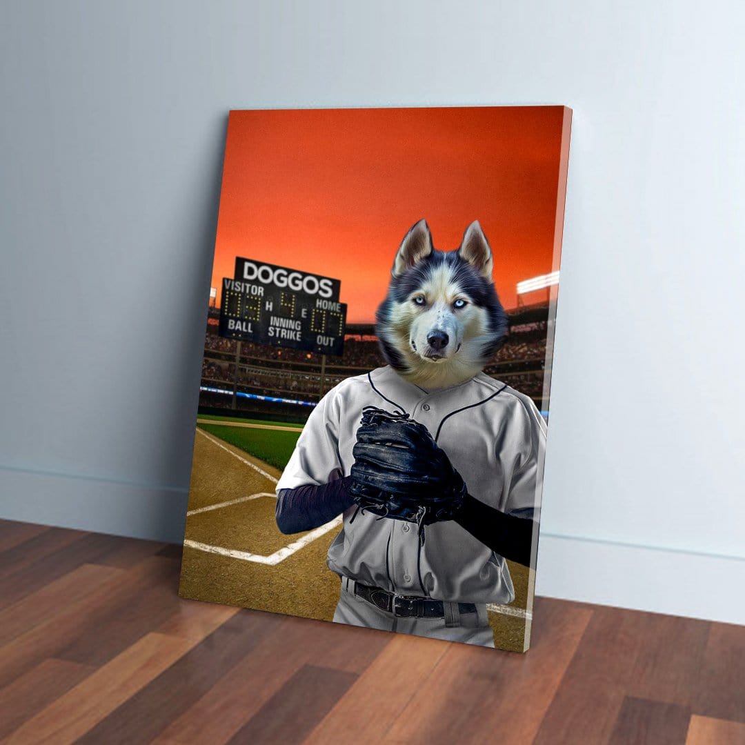 Personalized husky pet canvas as a baseball player in a white uniform with a black glove on a field.