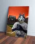 Personalized husky pet canvas as a baseball player in a white uniform with a black glove on a field.
