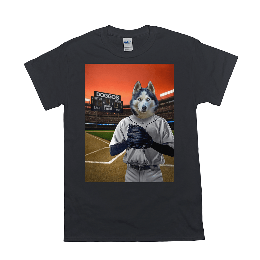 Black Gildan t-shirt with a husky in a baseball uniform on a field with a scoreboard.