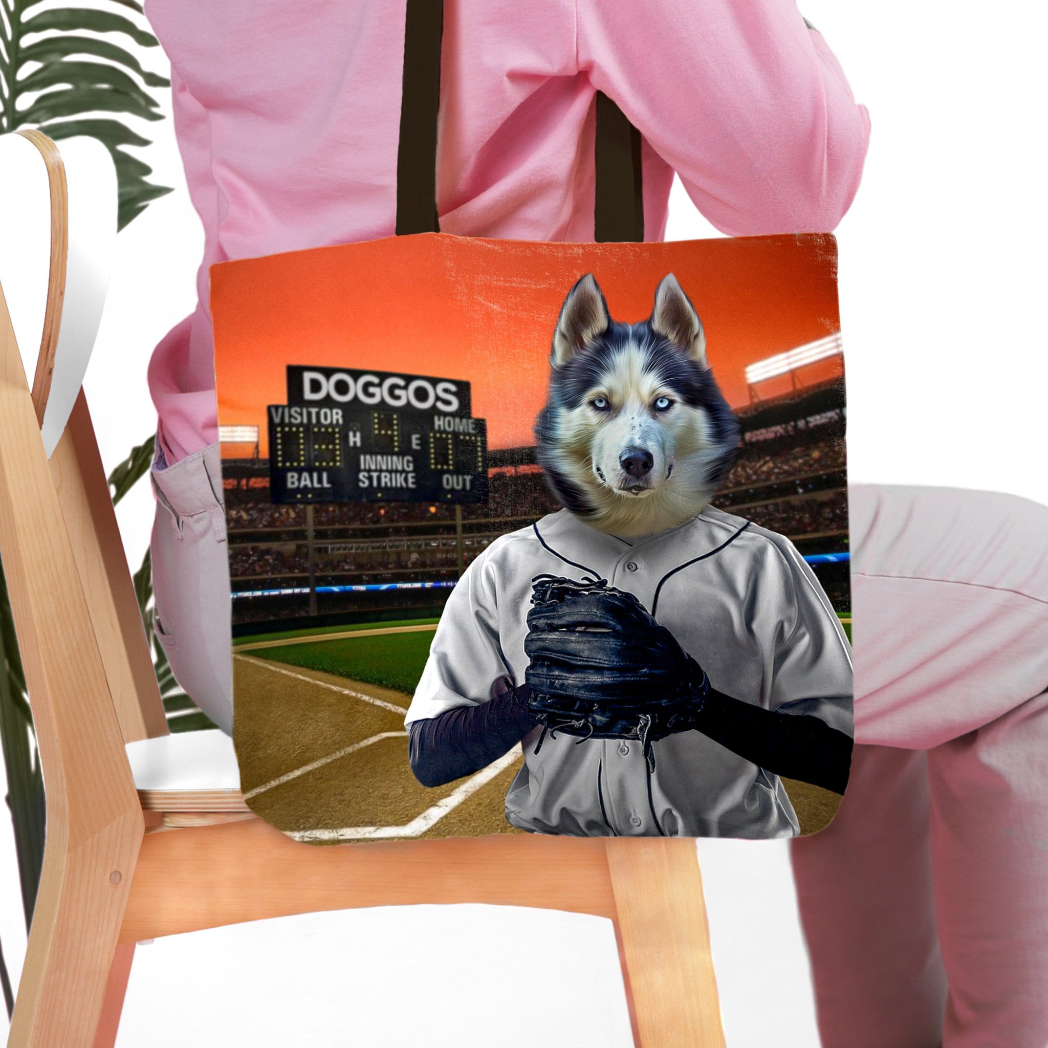 Personalized tote bag with a husky pet portrait as a baseball player in a stadium.