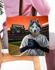 Personalized tote bag with a husky pet portrait as a baseball player in a stadium.