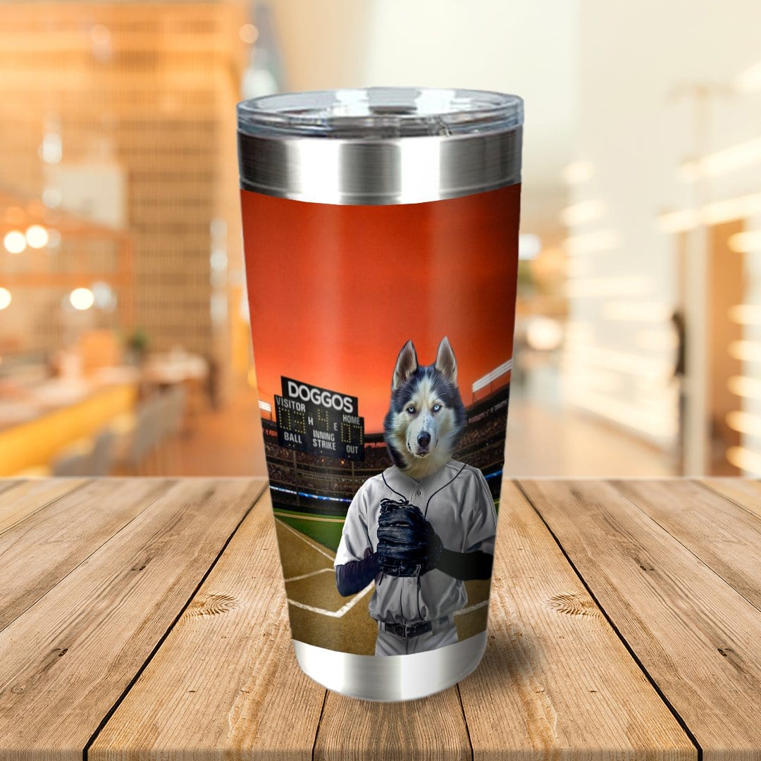 Personalized stainless steel tumbler with a husky dog portrait as a baseball player on a field.
