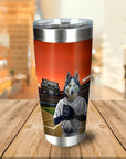 Personalized stainless steel tumbler with a husky dog portrait as a baseball player on a field.