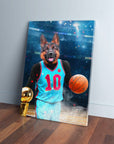 German Shepherd pet canvas in a blue basketball jersey with number 10, holding a trophy and basketball.
