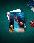 Personalized playing card featuring a German Shepherd pet portrait as a basketball player with a trophy and ball.