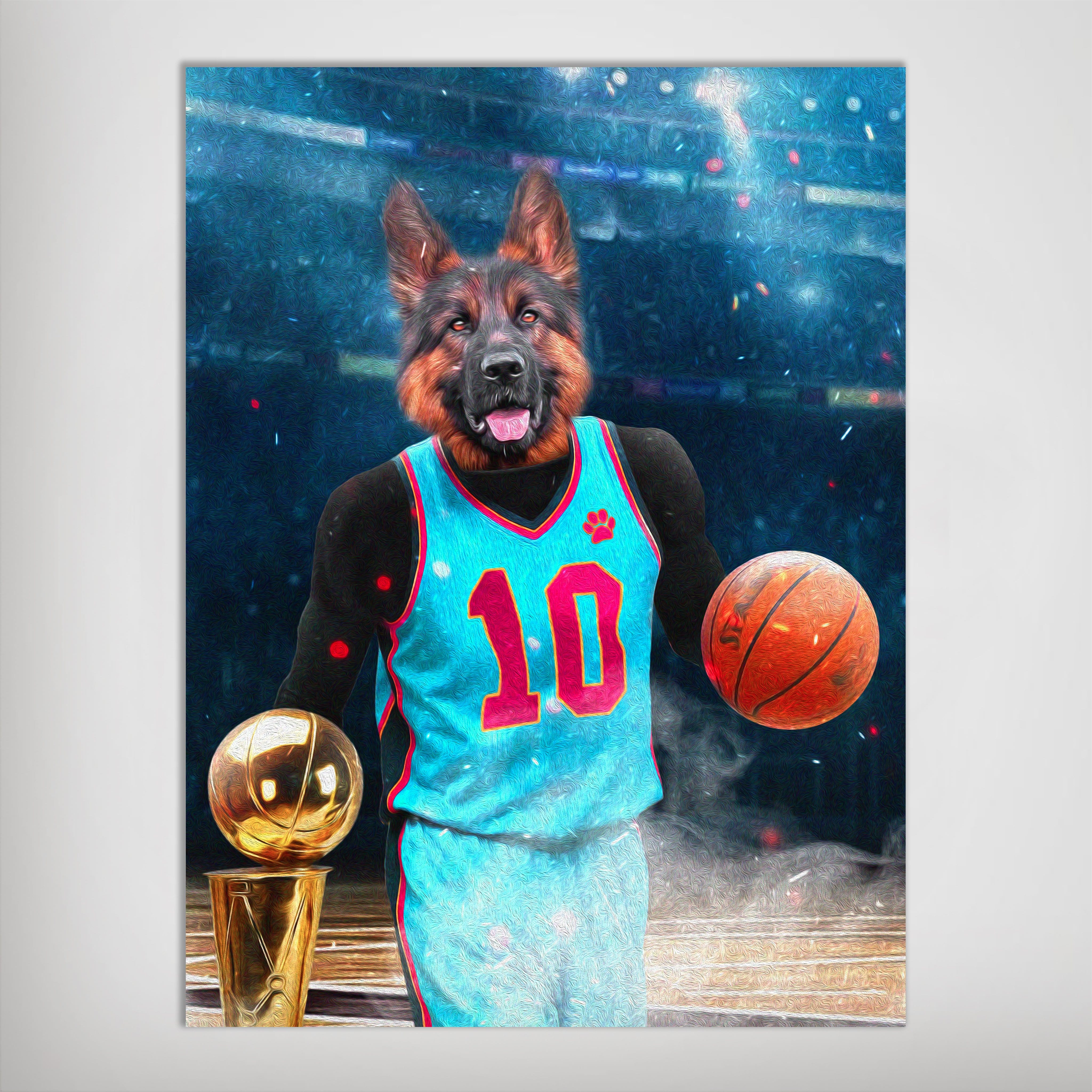 Personalized pet poster featuring a German Shepherd in a blue basketball jersey holding a ball and trophy.