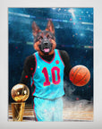 Personalized pet poster featuring a German Shepherd in a blue basketball jersey holding a ball and trophy.