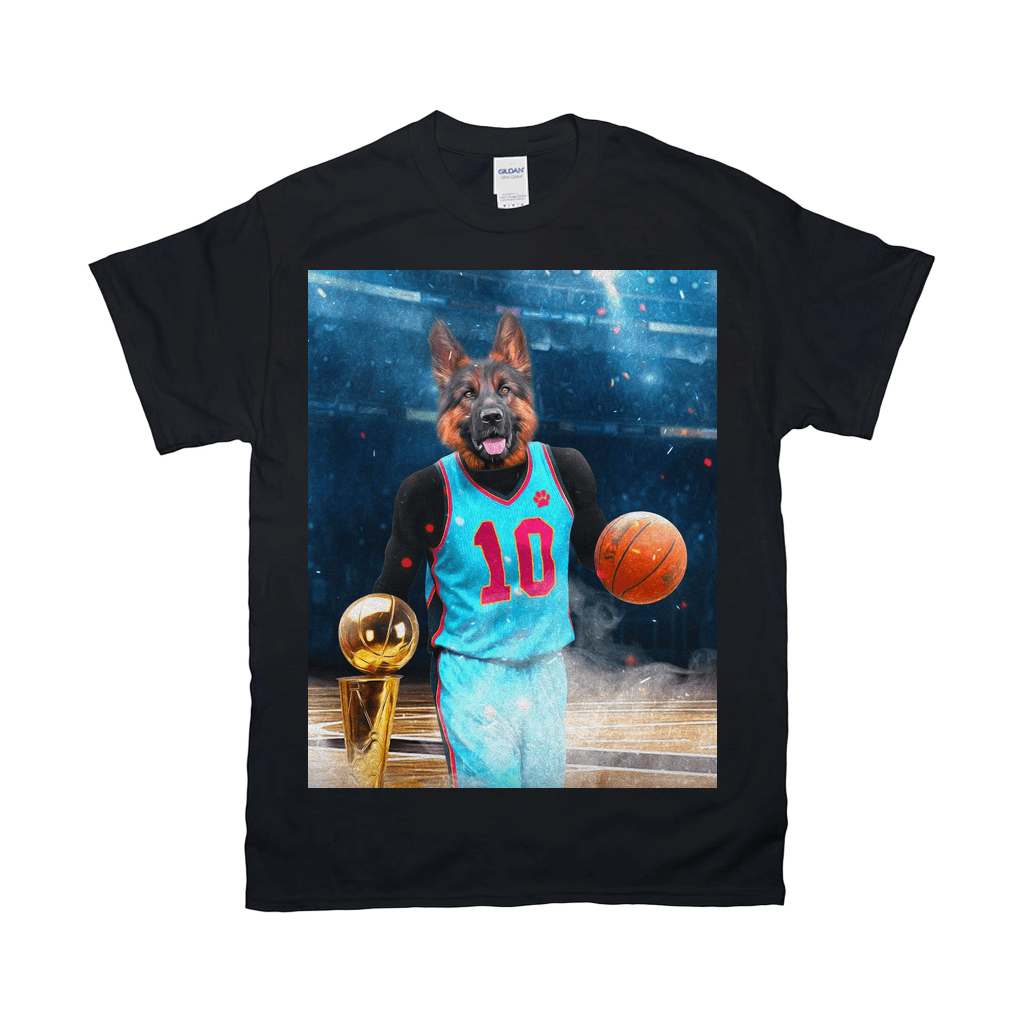 Black Gildan t-shirt featuring a German Shepherd in a blue basketball jersey holding a trophy and ball.