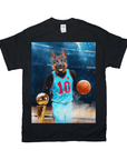 Black Gildan t-shirt featuring a German Shepherd in a blue basketball jersey holding a trophy and ball.