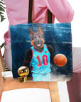 Personalized pet portrait tote bag featuring a German Shepherd as a basketball player with a ball and trophy.
