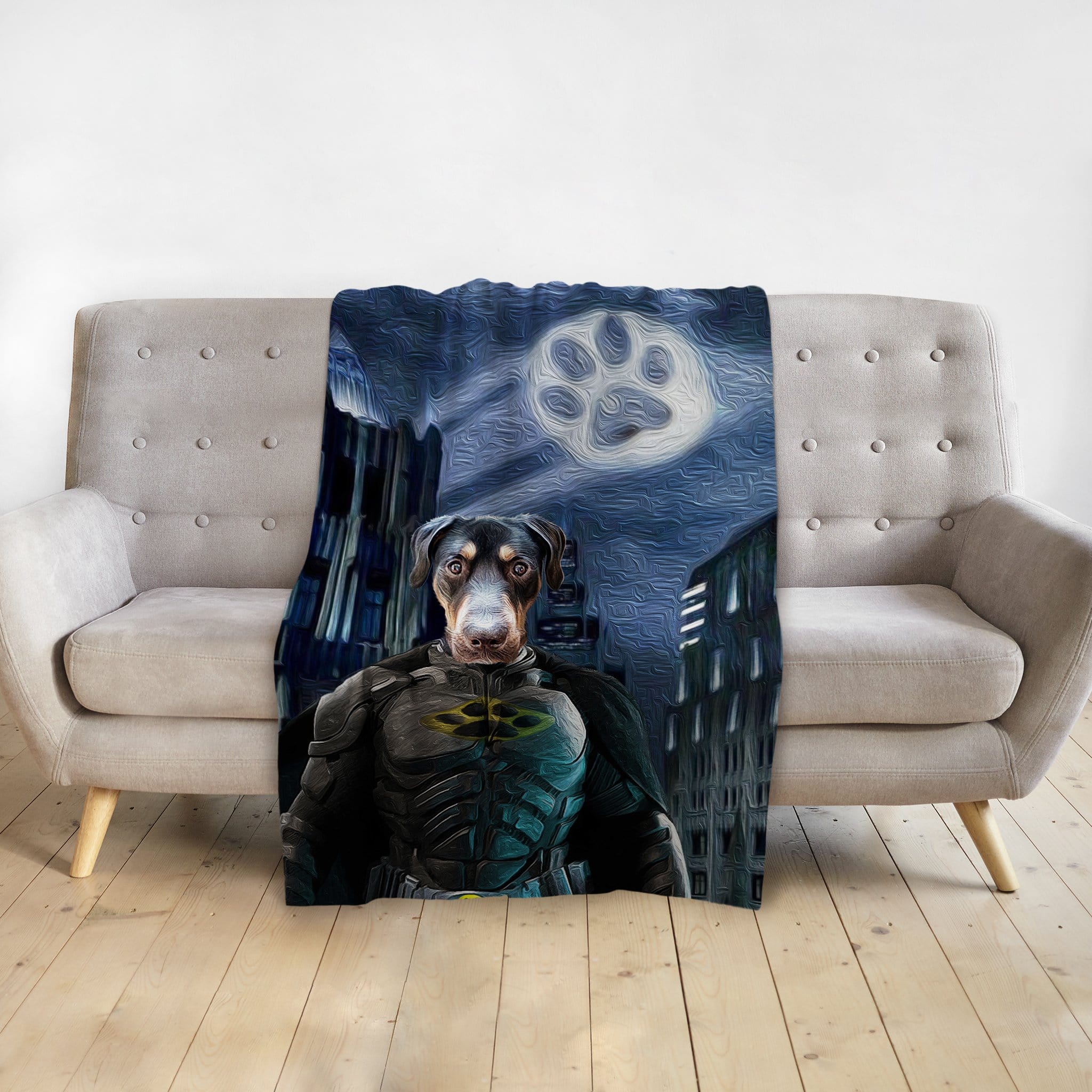 Personalized 'Batdog' pet portrait blanket featuring a Doberman in a superhero costume.