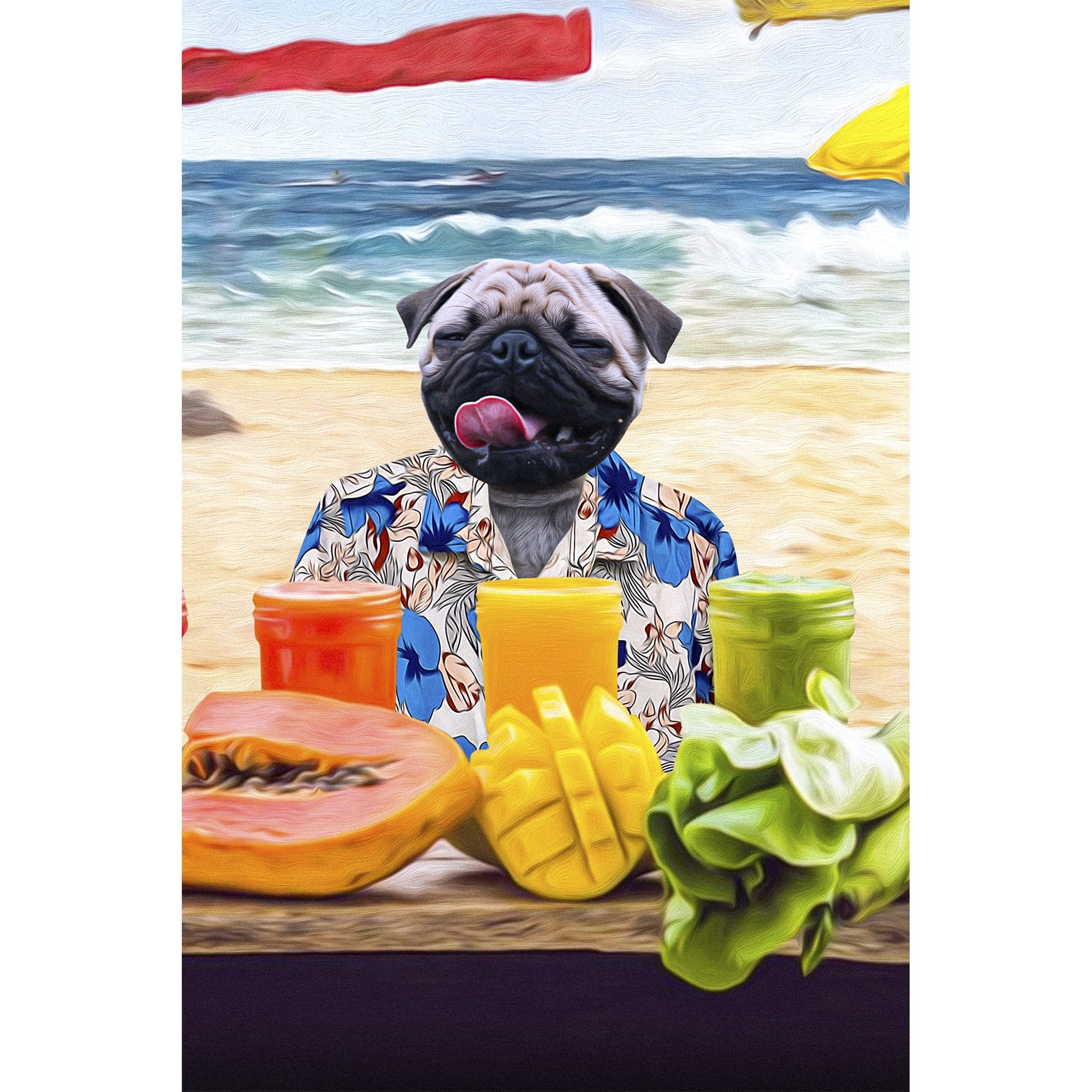 Custom digital portrait of a pug in a Hawaiian shirt on a beach with fruit and drinks.