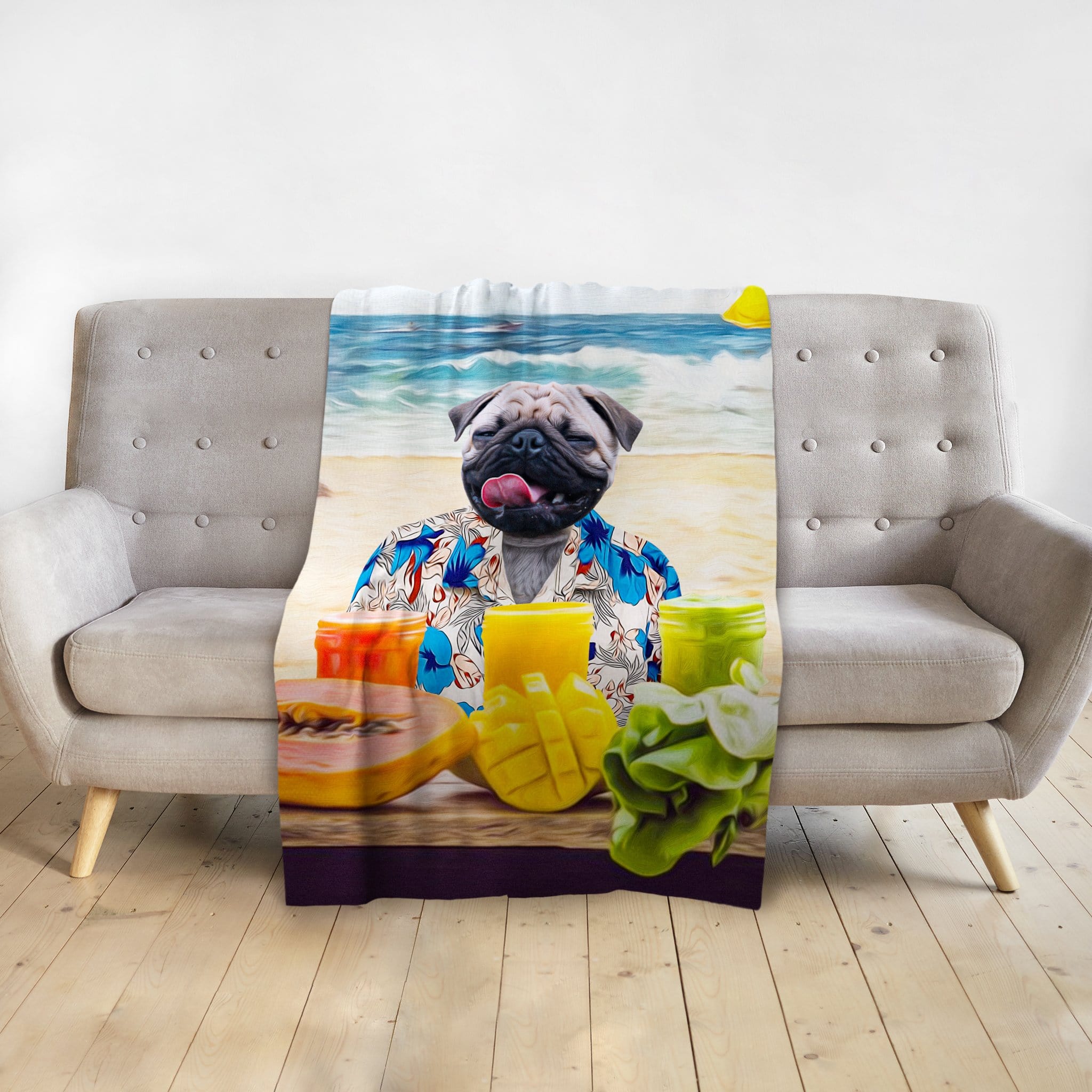 Personalized pet blanket with a pug in a Hawaiian shirt on a beach, surrounded by fruit smoothies.