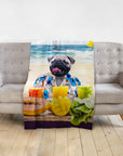 Personalized pet blanket with a pug in a Hawaiian shirt on a beach, surrounded by fruit smoothies.