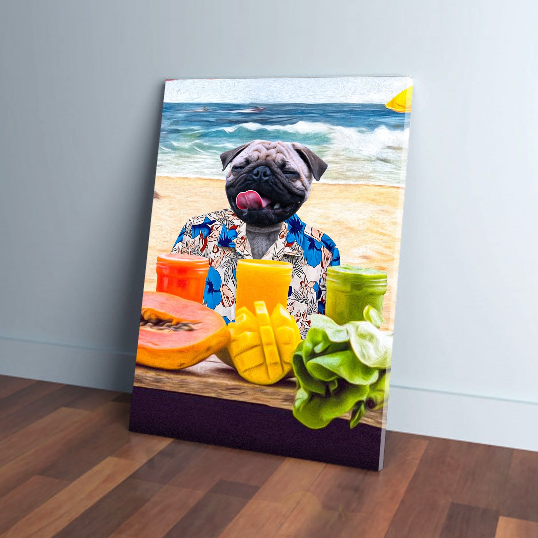 Personalized 'Beach Dog' canvas featuring a pug in a Hawaiian shirt on a beach with tropical drinks and fruit.