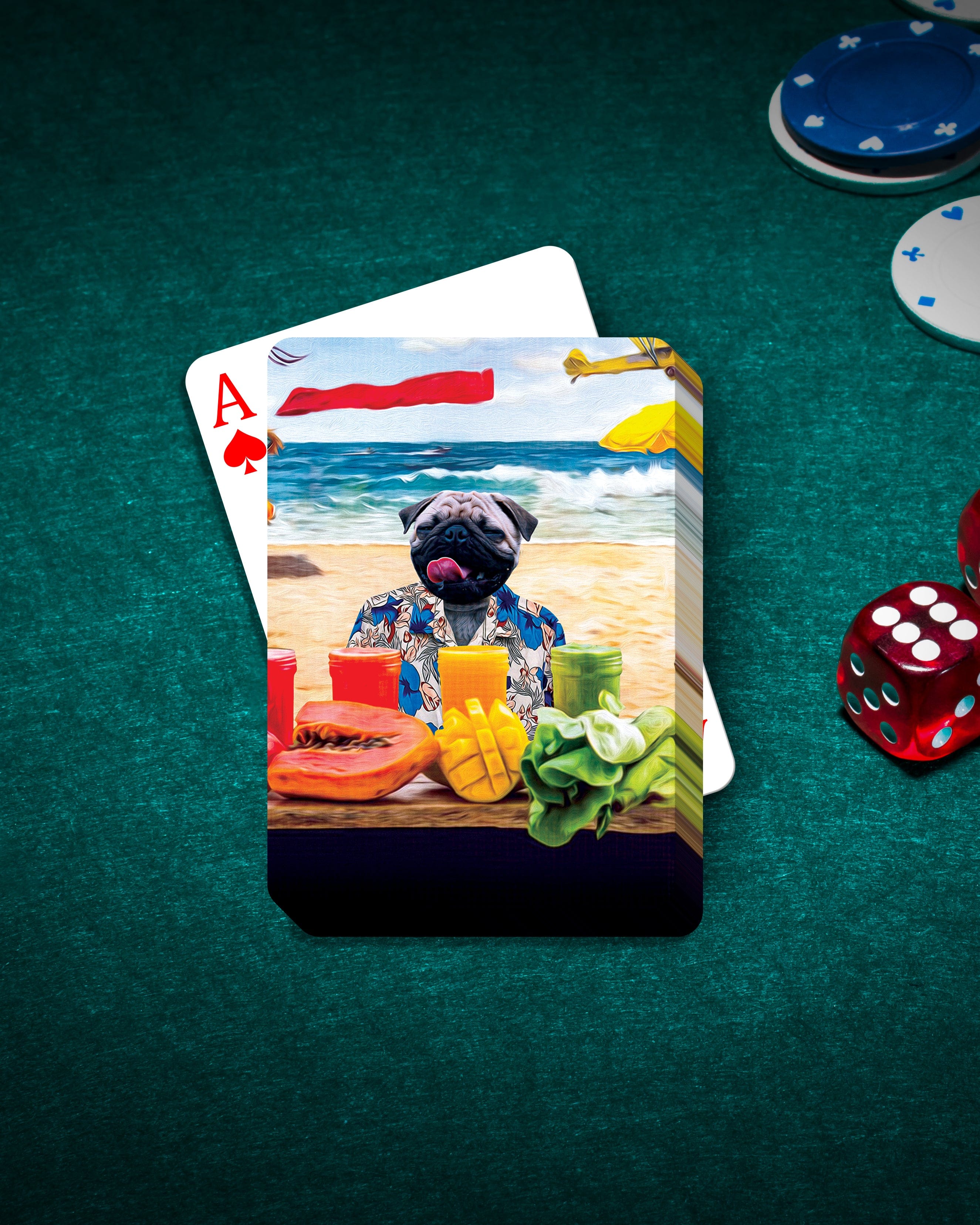 Personalized pet playing cards featuring a pug in a Hawaiian shirt on a beach.