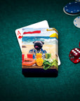 Personalized pet playing cards featuring a pug in a Hawaiian shirt on a beach.
