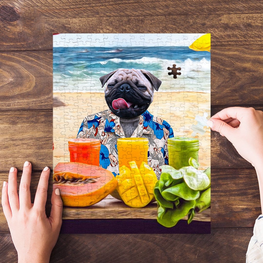 Personalized 'Beach Dog' puzzle featuring a pug in a Hawaiian shirt on a beach with tropical drinks.