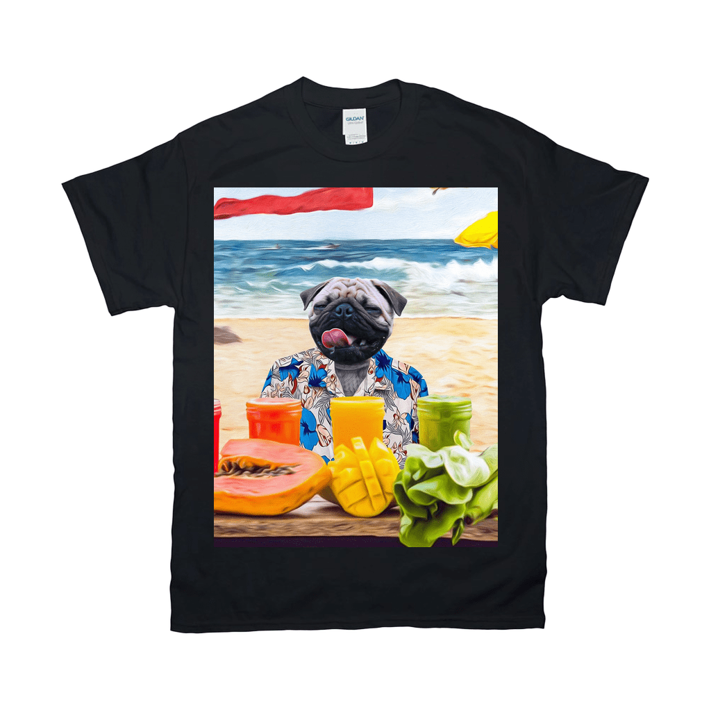 Black Gildan t-shirt featuring a pug in a Hawaiian shirt on a beach, with fruit and drinks.